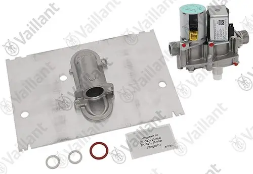 Vaillant Umstellsatz mit Metallplatte, kombiniertem Ventil und Dichtungsringen. Teile für Heizungs- oder Thermoregulationssystem.